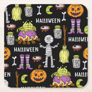 Dessous-de-verre Carré En Papier Symboles d'Halloween, thème vintage continu