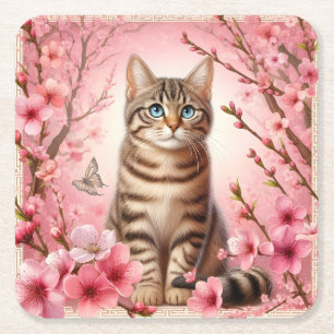 Dessous-de-verre Carré En Papier Tabby Chat Japonais Cerisier Fleur Kitten