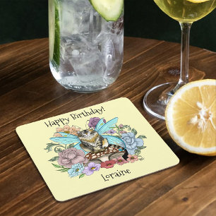 Dessous-de-verre Carré En Papier Tabby Fairy Cat Mushroom Floral