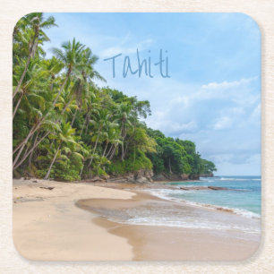 Dessous-de-verre Carré En Papier Tahiti Sand Beach Ciel bleu Palmiers