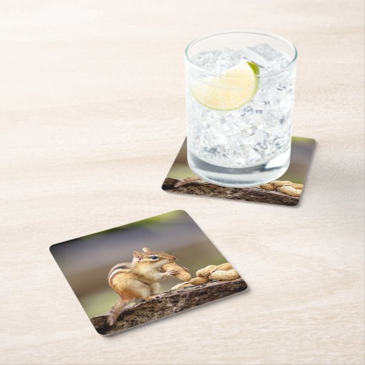 Dessous-de-verre Carré En Papier Tamia mangeant une arachide (En situation)