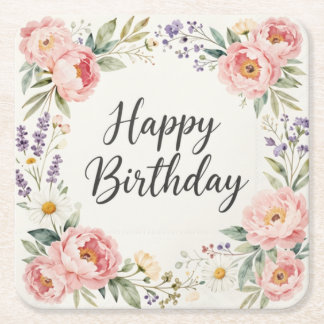 Dessous-de-verre Carré En Papier Tapis de verre Fleuris Joyeux Anniversaire | Fête