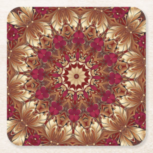 Dessous-de-verre Carré En Papier Tapisserie de Fête Fleurie Or Rouge en Papier