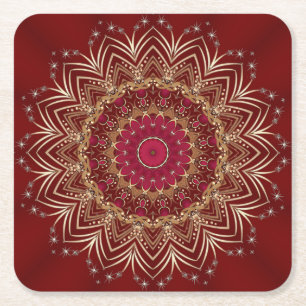Dessous-de-verre Carré En Papier Tapisserie de Fête Fleurie Or Rouge en Papier