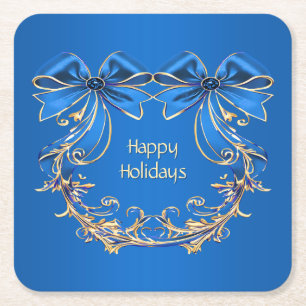 Dessous-de-verre Carré En Papier Tapisserie de fleurs dorées bleues pour fêtes en p