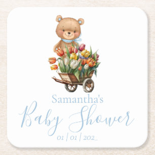 Dessous-de-verre Carré En Papier Teddy Bear Blue Floral Baby shower rustique