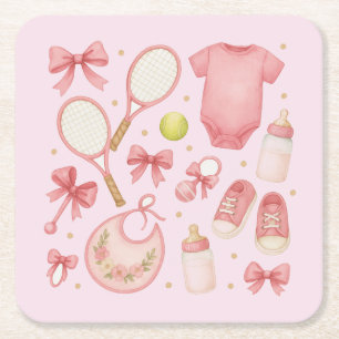 Dessous-de-verre Carré En Papier Tennis Baby Girl en Pink thème avec raquette