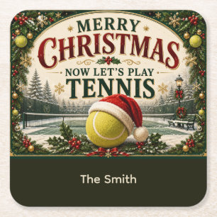 Dessous-de-verre Carré En Papier Tennis Noël avec balle chapeau de Père Noël
