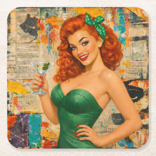 Dessous-de-verre Carré En Papier Tête de pin-up rousse vintage – Fille au Martini G