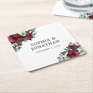 Dessous-de-verre Carré En Papier Thème de Noël Floral Bourgogne Mariage d'hiver