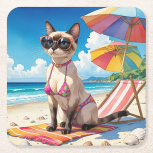 Dessous-de-verre Carré En Papier Thème plage pour les amateurs de chat siamois
