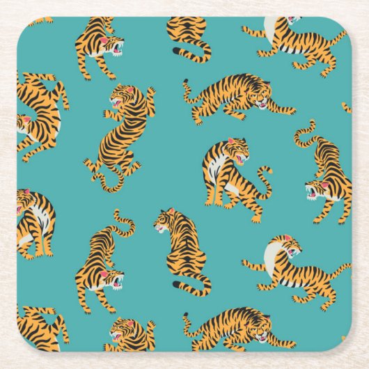 Dessous-de-verre Carré En Papier Tiger sur Motif Turquoise (Devant)