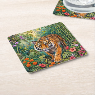 Dessous-de-verre Carré En Papier Tigre du Bengale Jungle de bambou vibrant