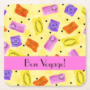 Dessous-de-verre Carré En Papier Timbres vintages de passeport jaune Bon Voyage