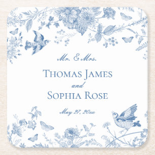 Dessous-de-verre Carré En Papier Toile Bleue De Jouy Vintage Mariage Floral