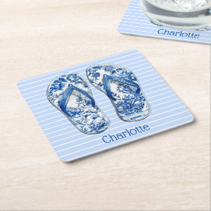 Dessous-de-verre Carré En Papier Tongs chinoiserie bleus et blancs sur rayures