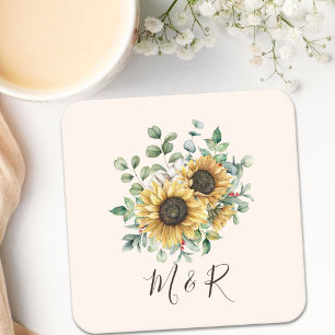 Dessous-de-verre Carré En Papier Tournesol rustique vintage aquarelle monogrammé