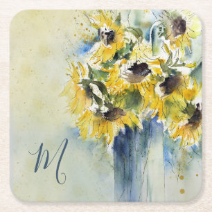 Dessous-de-verre Carré En Papier Tournesols impressionnistes d'aquarelle avec le