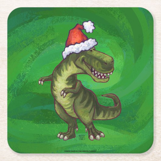Dessous-de-verre Carré En Papier TRex à Santa Hat sur Green (Devant)