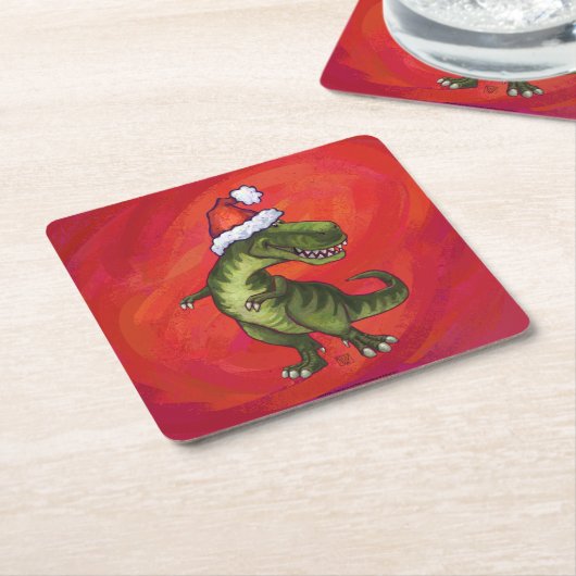 Dessous-de-verre Carré En Papier TRex Dino à Santa Hat sur Red (Incliné)