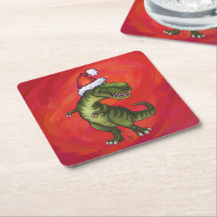 Dessous-de-verre Carré En Papier TRex Dino à Santa Hat sur Red