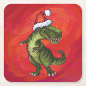 Dessous-de-verre Carré En Papier TRex Dino à Santa Hat sur Red (Devant)