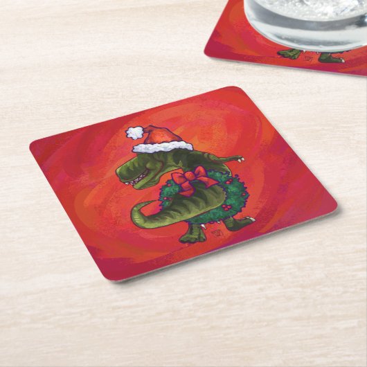 Dessous-de-verre Carré En Papier TRex Dino à Santa Hat sur Red (Incliné)