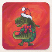 Dessous-de-verre Carré En Papier TRex Dino à Santa Hat sur Red (Devant)