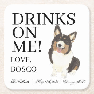 Dessous-de-verre Carré En Papier Tricolor noir Corgi Mariage de chien