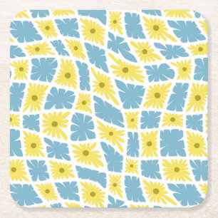Dessous-de-verre Carré En Papier Trippy super Wavy 60s Flower Checks Jaune Bleu