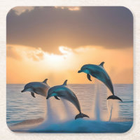 Trois Dauphins Tournant Au Coucher Du Soleil,