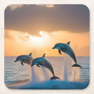 Dessous-de-verre Carré En Papier Trois Dauphins Tournant Au Coucher Du Soleil,
