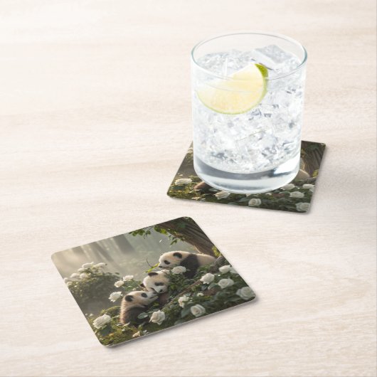 Dessous-de-verre Carré En Papier Trois mignons Pandas (En situation)
