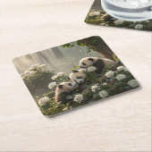 Dessous-de-verre Carré En Papier Trois mignons Pandas (Incliné)