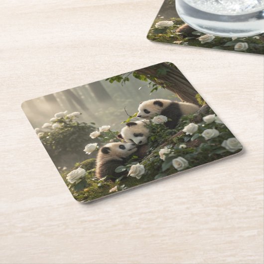 Dessous-de-verre Carré En Papier Trois mignons Pandas (Incliné)