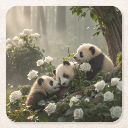 Dessous-de-verre Carré En Papier Trois mignons Pandas (Devant)