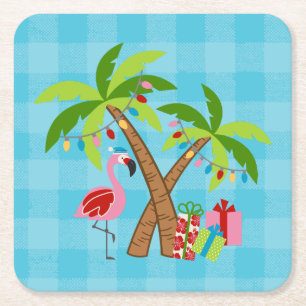 Dessous-de-verre Carré En Papier Tropiques festifs Flamingo et palmiers de vacances