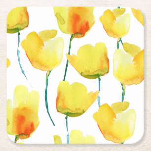 Dessous-de-verre Carré En Papier Tulipes Colorées Aquarelle : Illustration Sans Cou