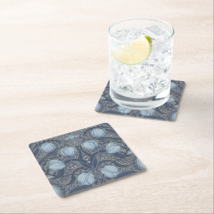 Dessous-de-verre Carré En Papier Tulipes Rétro Nouveau en bleu et étain