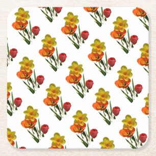 Dessous-de-verre Carré En Papier Tulipes rouges et fleurs de jonquille jaunes