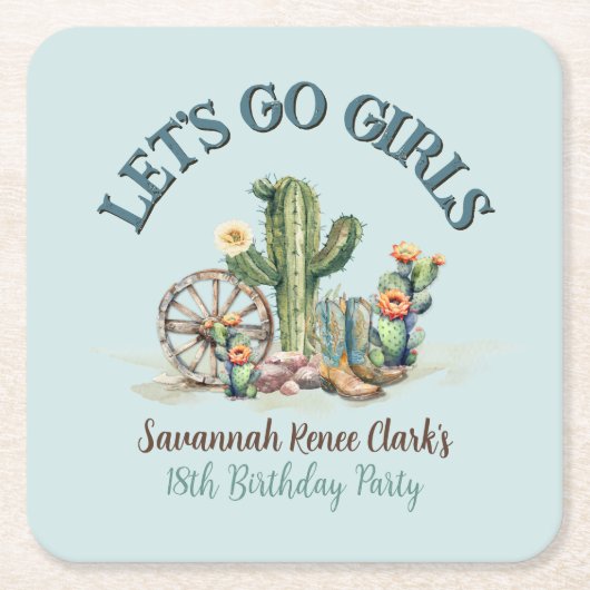 Dessous-de-verre Carré En Papier Turquoise Allons Filles Fille Cactus fête d'annive (Devant)