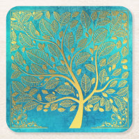 Turquoise Bleu et Arbre de Vie en Or