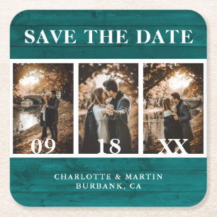 Dessous-de-verre Carré En Papier Turquoise Bois Photo Mariage Enregistrer La Date