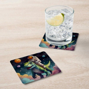 Dessous-de-verre Carré En Papier Un astronaute sur Dino dans l'espace