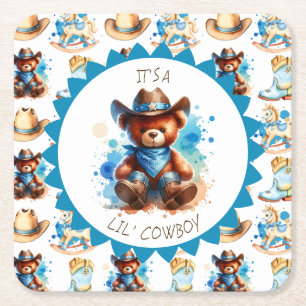 Dessous-de-verre Carré En Papier Un garçon   Le Baby shower du garçon Cowboy Teddy 