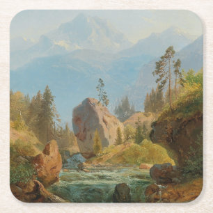 Dessous-de-verre Carré En Papier Un paysage de montagne avec le ruisseau - Albert Z