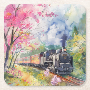 Dessous-de-verre Carré En Papier Un train au printemps