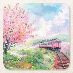 Dessous-de-verre Carré En Papier Un train au printemps