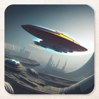 Dessous-de-verre Carré En Papier Un vaisseau spatial au-dessus d'une ville futurist