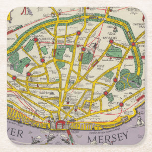 Dessous-de-verre Carré En Papier Une carte de Merseyside, Liverpool